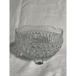 Vintage Indiana Glass Diamond Point Clear Crystal Footed Scalloped Edge Bowl EUC